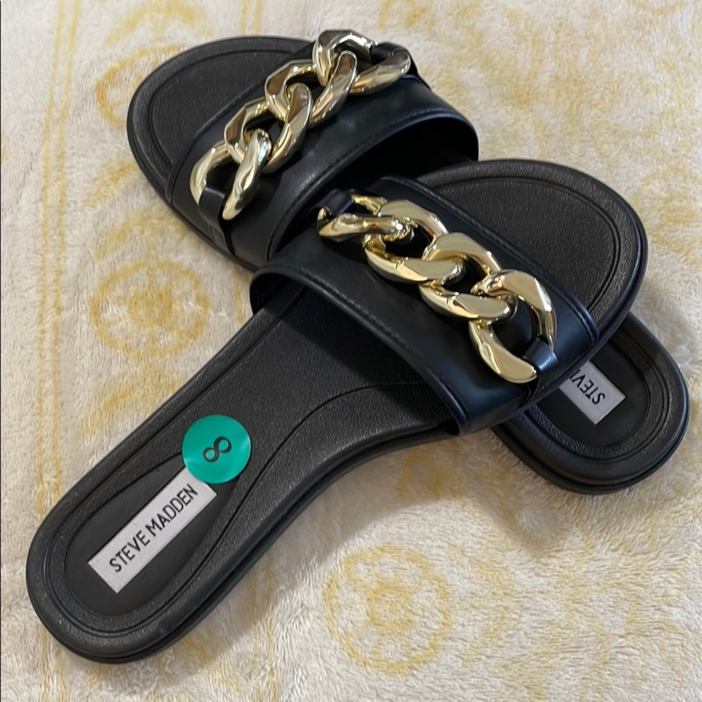 Steve Madden Black and Gold Chain Slide Sandals